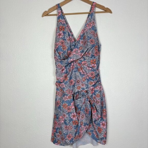 Colorful Floral One Piece Ruched Swim Dress Cruise Resort Pool Beach Vacation - Picture 4 of 8